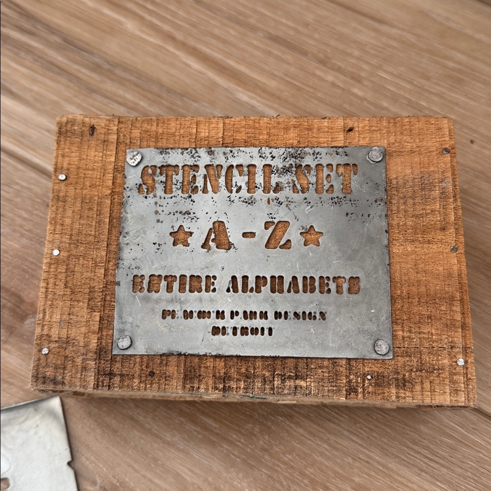 VINTAGE METAL ALPHABET STENCIL SET IN WOODEN BOX